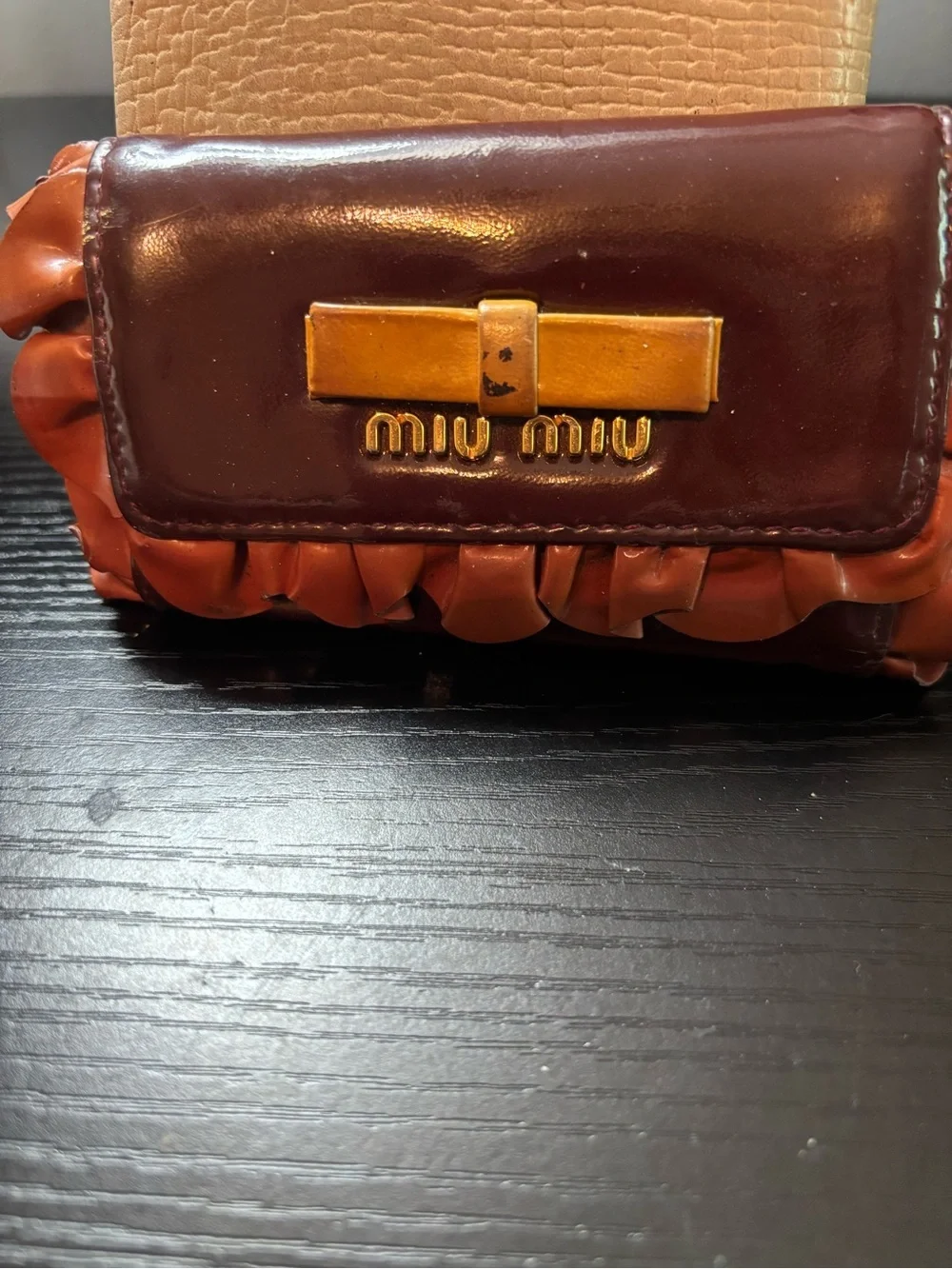 Authentic Miu Miu Ruffle Bow Key Wallet - Maroon Patent Leather - Rare Vintage